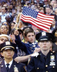 Boy Scout at September 11 memorial, Yankee Stadium, Credit-AP, September 23, 2001, Boy Scout waving flag, patriotic, New York