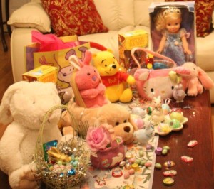 Easter Bunny visits, Easter Bunny, candies, M&Ms, Winnie-the-Pooh basket, Disney Cinderella princess dolly, Easter, Happy Easter, family, joy
