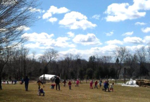 Easter egg hunt, beautiful day on the farm, farm, farmlands, puffy clouds, blue skies, happy children, children running, gathering eggs