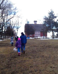 Easter egg hunt, hand in hand with Daddy, red barn, farmlands, Connecticut farm