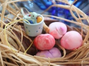 Wooden chick in bucket, Easter basket, nest, bird nest, Easter eggs, bird eggs, colored eggs, crafts, handpainted ornaments, Easter, Happy Easter