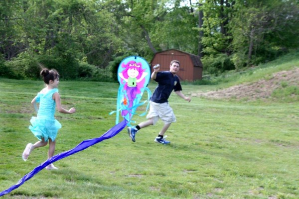 The children running with the kite, mermaid kite, kite flying, family fun, memories
