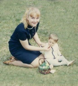 My mom & me at Easter, 1960s, young mother and baby girl, toddler, yummy, chocolate, chocolate eggs, Easter egg hung, Easter eggs, basket, Easter basket
